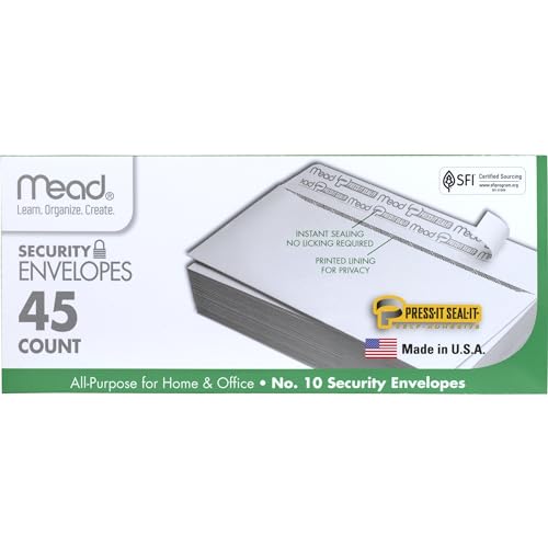Mead #10 Security Business Envelopes Letter Size 4-1/8' x 9-1/2' – Peel and Seal, Privacy Lined, No-Window, Press-It Seal-It Self-Adhesive for Home & Office Mailing, 45 Count (75026)