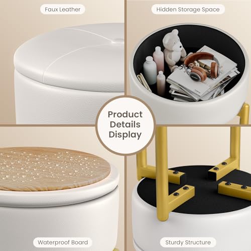 Memobarco 18-Inch Leather Vanity Stool Chair with Storage, Vanity Bench with 4 Golden Metal Legs & Anti-Slip Adjustable Feet,Round Storage Ottoman Stool with Removable Soft Padded Seat, White by Memobarco - Used condition - Image 4