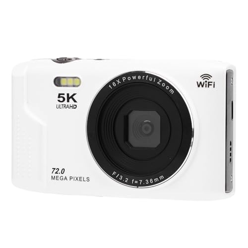 Lazmin112 Cámara Digital 5K, 72MP Pantalla Ultra HD de 2,8 Pulgadas Zoom Digital 16x Cámara WiFi con Enfoque Automático y Flash Incorporado, para Fotografía de Viajes (White)