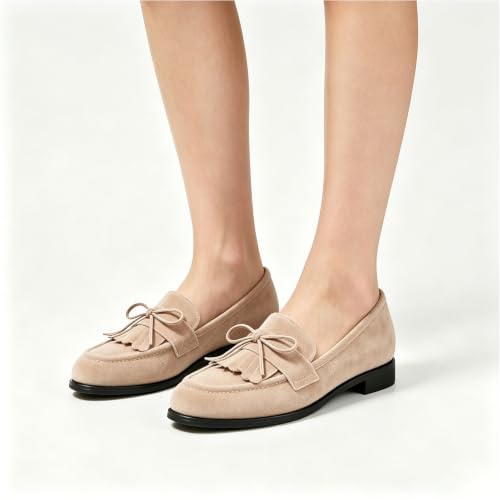 Image of LEMUTISME Women Tassel Bow Penny Loafers Slip On Low Flat Heel Dress Shoes