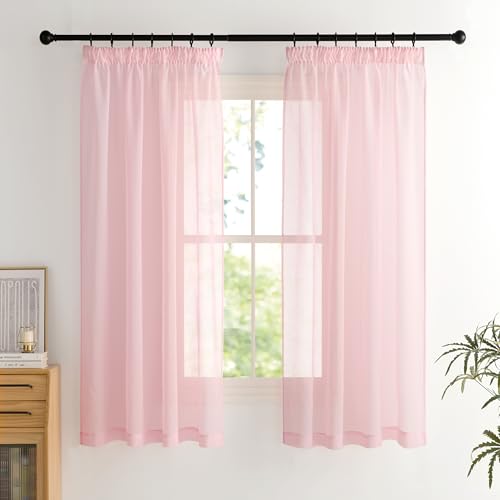 PONY DANCE Cortinas Cortas Translucidas de Habitacion Infantil,Cortinas y Visillos de Cocina/Salon/Dormitorio Efecto Lino con Ganchos para Riel 2 Piezas,140x160cm,Rosa