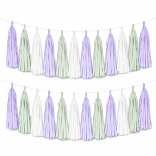 Image of Dusty Sage Green Purple Lavender Party Decorations Paper Tassel Garland Banner Streamers Wildflower Fairy Birthday Baby Shower Wedding Bachelorette Tea Party Nursery Wall Hanging Decor