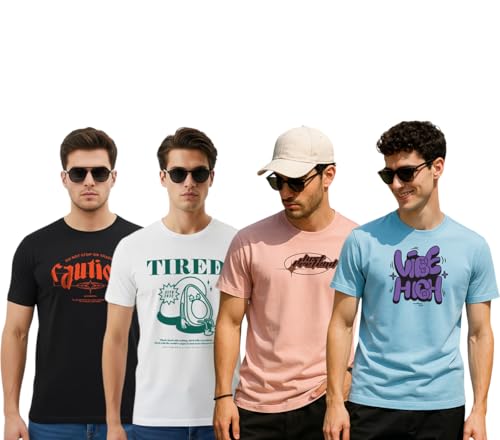 Image of Cotton Blend Regular Fit Half Sleeve Printed Round Neck Multicolor Drop Shoulder T-Shirt for Mens & Boys (Pack of 4)