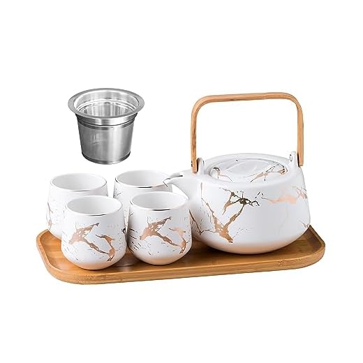 Jusalpha Marble Porcelain Teapot Set, Modern Japanese Tea Pot with Infuser for Loose Tea (40 OZ), 4-Piece Tea Cups (6.7 OZ) with Bamboo Tray - Tea Cups Set for Home and Restaurant, FDJPT4 (White)