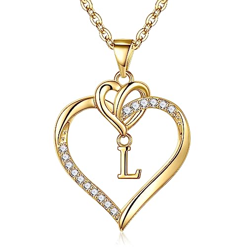 TINGN Collier de Lettres en Or pour Femme, Plaquée Or 14 Carats Collier Initiale avec Pendentif en Forme de Cœur CZ pour Femme Or Collier Lettre L pour Mères Cadeaux...