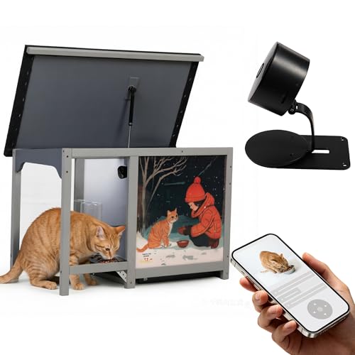 Outdoor Cat Feeder with Camera All-Weather Smart Feeding Station with Step-On Lid 11L Large Capacity Asphalt Roof Built-in Water Bottle & Night Vision for Stray Cats (Grey)