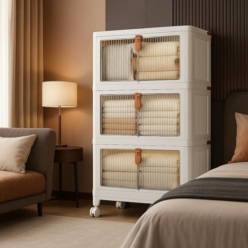 Image of YASONIC π― π§πΆπ²πΏ Foldable Plastic Rack for Storage /Kitchen Cupboard /Versatile and Sturdy Wardrobe for Clothes /Multipurpose Storage Organizer /Closet for Bedroom /Living Room /Laundry Room (Off White)