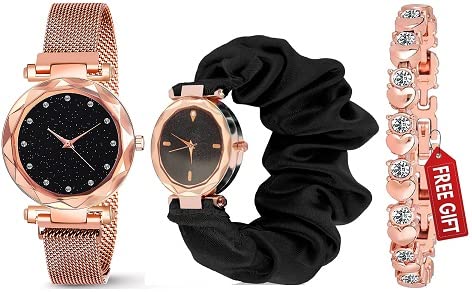 Basild Metal Analogue Black Dial Magnet Watch And Unique Scrunchies Watches With Gift Bracelet For Women Or Girls And Watch For Girl Or Women (Combo Of 3) (B0BY5CCS5S) Amazon Price History, Amazon Price Tracker