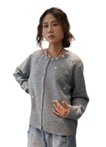 Women's Knit Hand-Stapled Pearl Diamante Flower Embellished Cardigan with Button Closure and Crystal Flower Details