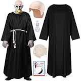 MOVINPE Halloween Uncle Costume for Mens, 5 Pcs Creepy Monk Costume Outfit with Black Robe, Bald Cap, Fake Light Bulb, Waist Rope & Face Paint Kit, Classic Creepy Character Halloween Dress Up Kit