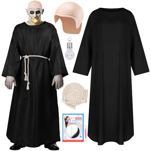 MOVINPE Halloween Uncle Costume for Mens, 5 Pcs Creepy Monk Costume Outfit with Black Robe, Bald Cap, Fake Light Bulb, Waist Rope & Face Paint Kit, Classic Creepy Character Halloween Dress Up Kit
