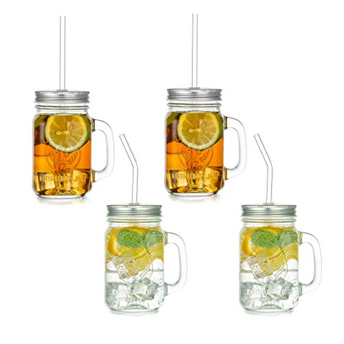Glasseam Bocaux en Verre Vintage avec Couvercles Bocaux Mason 500Ml avec Paille Réutilisable Lot De 4 Bocaux De Rangement Tasses en Verre avec Poignée pour...