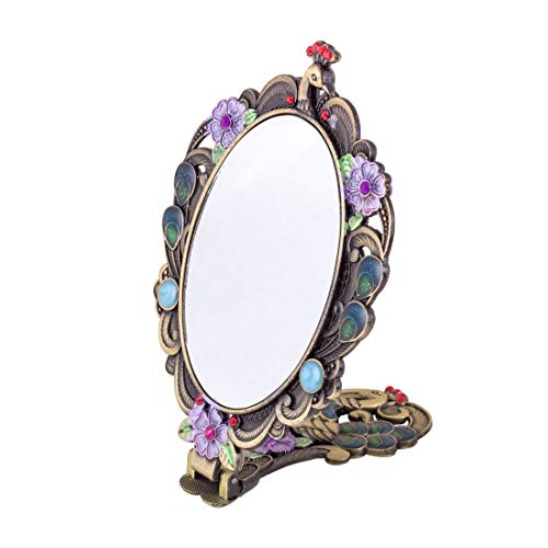 MOIOM Vintage Style Foldable Oval Peacock Pattern Makeup Hand/Table Mirror (Bronze)