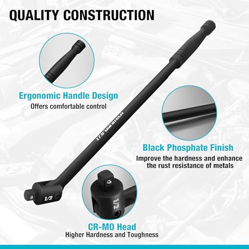 Image of DURATECH Breaker Bar, 1 /2'' Drive 17.5-Inch Breaker Bars Heavy Duty, with 240 Flex Head, Spring-loaded Detent Ball, CR-MO Head, Premium Black Phosphate Finish