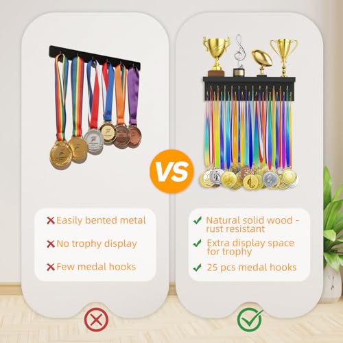 Image of Medal Hanger Display and Trophy Shelf Organizer, Wooden Wall Mount Ribbon Holder with 25 Steel Hooks, Race Awards Storage Rack Stand for Sports Enthusiasts