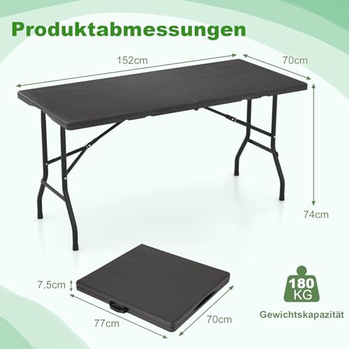 COSTWAY Stół ogrodowy 152 x 70 cm, składany stół kempingowy z blatem z HDPE i uchwytem do noszenia, stół balkonowy dla 4-6 osób, stół bufetowy do ogrodu, na taras i balkon