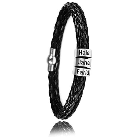 SOULSIS Mens Personalized Black Braid Leather Bracelets with 3 Names Engraved in Custom Beads Custom ID Bracelet for Men Cover