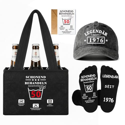Geschenk zum 50. Geburtstag Mann Lustiges 4-teiliges Set: Biertragetasche für 6 Flaschen (Filz Schwarz) + Basecap Legendär seit 1976 + rutschfeste Socken 50 + Grußkarte Party & Jubiläum