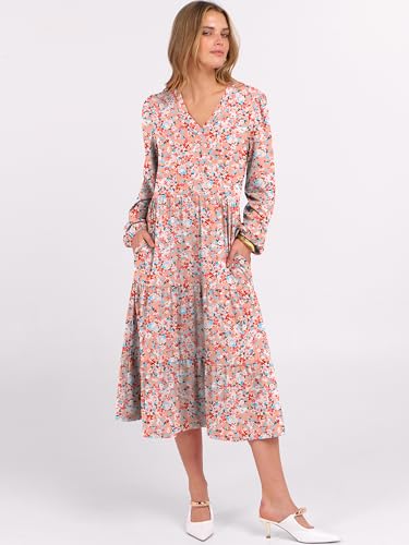 Image of ANRABESS Women's Long Lantern Sleeve Floral Midi Dresses 2026 Fall V Neck Casual Flowy A-line Tiered Boho Vacation Dress