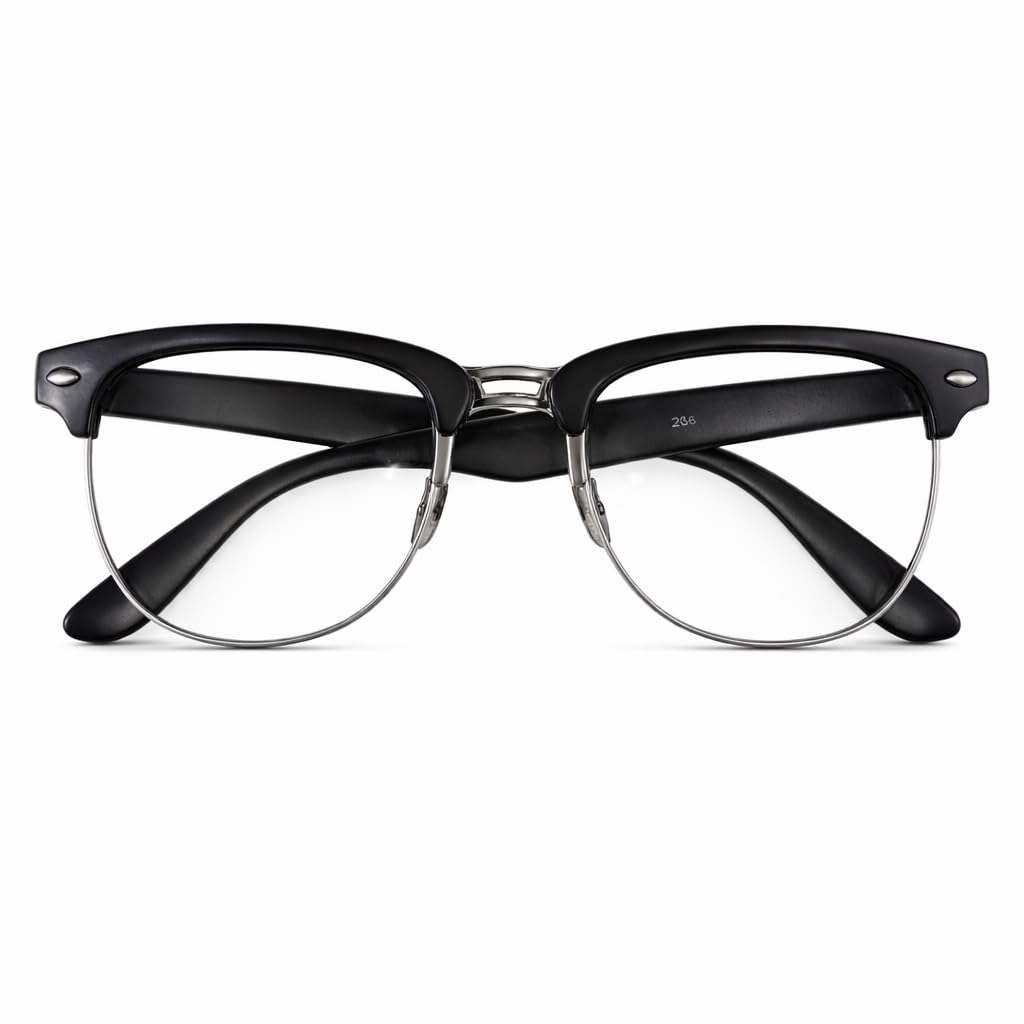 Classic Half-Rim Browline Eyeglasses, Black Matte Frame with Silver Metal Lower Rim, Clear Lens-image-16