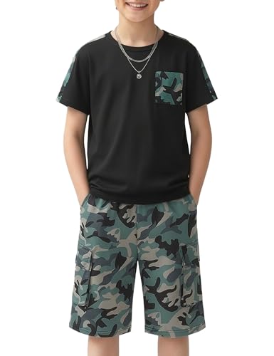 Image of mksodopy Boys Summer Outfit Set 2 Piece T Shirt and Camo Shorts Casual Clothes for Little Big Boys 5-16