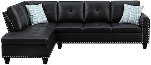 Trent Home Sofá seccional de piel sintética de transición con otomana en negro