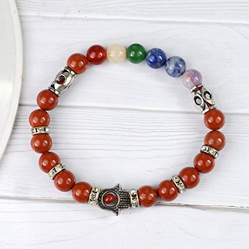 Image of Reiki Crystal Products Certified Natural Crystal Stone 7 Chakra with Hamsa 8 mm Round Beads Bracelet for Men & Women | Reiki Charged Gemstone Bracelet | Multiple Stone Variants Available