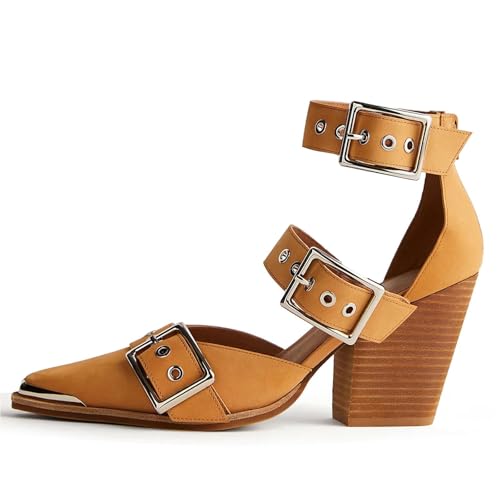 Western Wedge Sandals for Women Pointed Toe Chunky Heels Metal Buckle Stacked Heel Sandals Western Heels Pumps Strappy Block Bridal Shoes