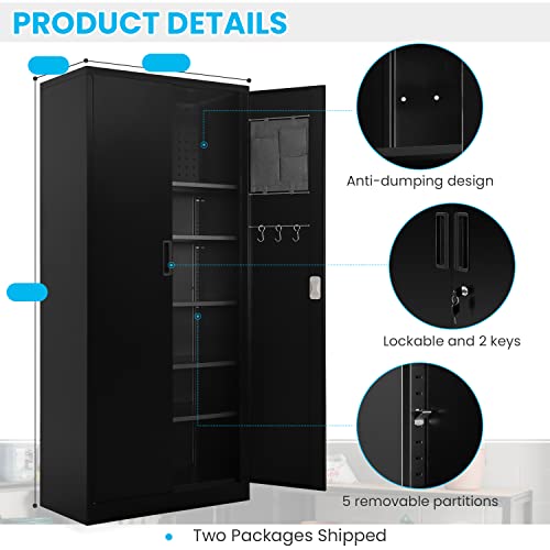 Greenvelly Metal Storage Cabinet For Garage,Black Tool Steel Locking Cabinet With Doors And 5 Shelves, Tall Lockabke Cabinet With Pegboard And 2 Keys For Warehouse, Basement, Home, Pantry, 6 Hooks #TOP4
