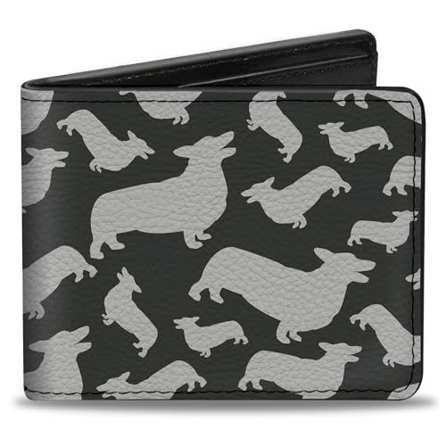 Buckle-Down Men's Wallet, Bifold, Corgi Silhouette Poses Grays, Vegan Leather, 4.0