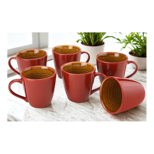 Image of Bodhi House Handcrafted Ceramic Coffee Mug Set of 6 Pieces (350 Ml), Stoneware Tea Cup, Microwave Safe Large Milk Mug, Glossy Finish, Ideal for Daily use, Casual Gatherings and Gifting, Burgundy