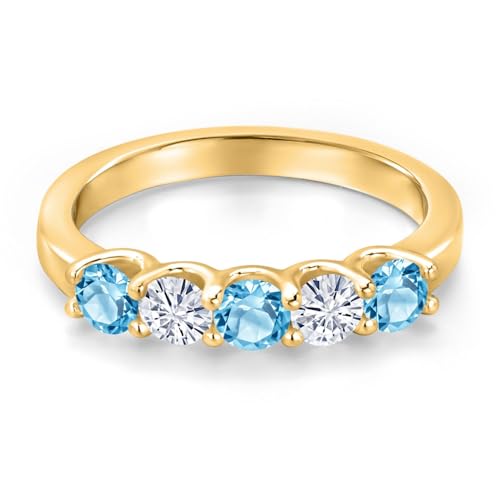 Gem Stone King 18K Yellow Gold Plated Silver Swiss Blue Topaz and White Moissanite Wedding-Bands Ring For Women | 0.92 Cttw | Round 3.5MM | Gemstone November Birthstone | Available in Size 5,6,7,8,93