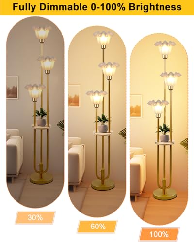 Image of Lightdot Flower Floor Lamp for Living Room Dimmable Vintage Floor Lamp with Shelf& Bulbs Included Mid Century Gold Floral Standing Tall Lamp with 5Lbs Heavy Base for Bedroom /Sofa Beside /Corner Decor