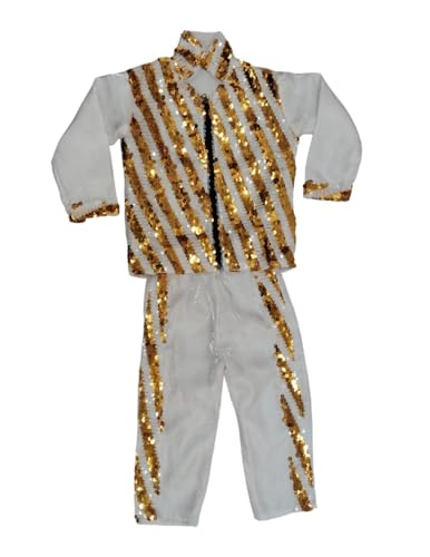 Image of BookMyCostume White & Golden Sequin Western Dance Costume for Boys | Stylish Shiny Full Sleeve Shirt and Pant Set with Zipper Closure | Annual Dance Costume for boys | Fancy Dress for Boys | 7-8 Years