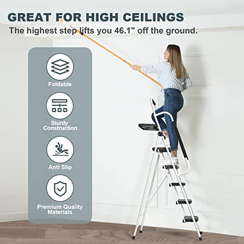 image for SocTone 5 Step Ladder with Handrails, Folding Step Stool with Tool Pla