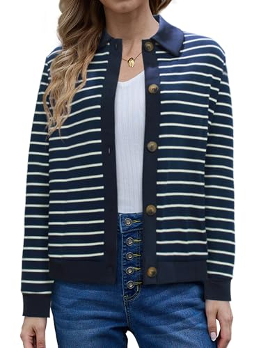 Zanvylia Women's Striped Cardigan Sweaters 2024 Long Sleeve Knit Lightweight Cardigan Fall Outfits Clothes Fashion Trendy Navy M