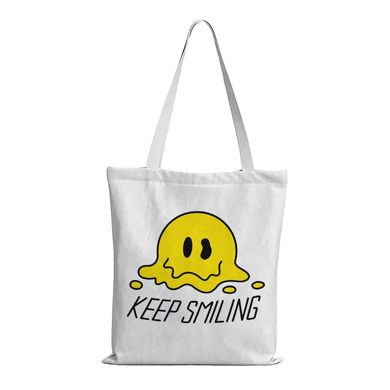Giftneed Keep Smiling Printed stylish Tote Bags | Cute Hand Bag for Women/Girls | Best for College, Travel, Grocery | Reusable Tote Bag for Traveling & Daily Use|Eco-Friendly Tote Bag (14x16 Inches)