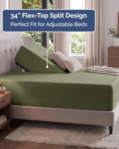 Image of Extra Deep Flex Top Split Head King Fitted Sheet - Hotel Luxury Single Fitted Sheet Only - Easily Fits 18 inch to 24 inch Mattress - Ultra Soft, Wrinkle Free w /Extra Deep Pockets - Sage Green