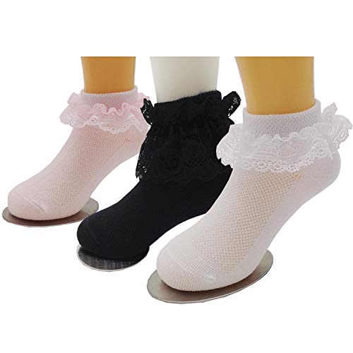 Xiyadun Girls Ruffle Lace Eyelet Frilly Ankle Dress Socks for Infant/Toddler/Girl(Black,White,Pink,0-1 Years)