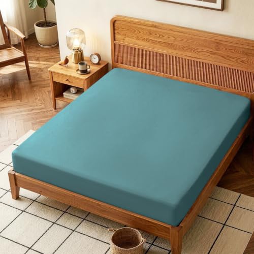 Image of Lirex Fitted Sheet, Full Size 100% Cotton 300 Thread Count Soft Breathable Fitted Sheet, Blue
