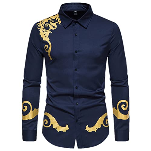 Chemise de bureau noire et bleue homme imprimé dorure style coréen taille XL