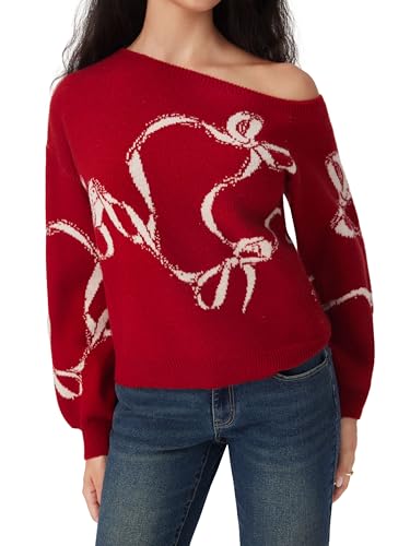 CIDER Off The Shoulder Sweaters for Women Bowknot Long Sleeve One Shoulder Fall Sweaters Knit Pullover Sweater Trendy