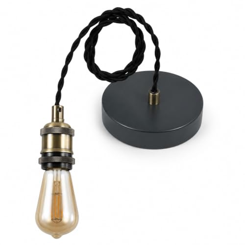 Image of Vintage 40 Inch Ceiling Pendant Light Fitting Black Twisted Cord and E27 Lamp Holder Pendant Light (Bulb Included)