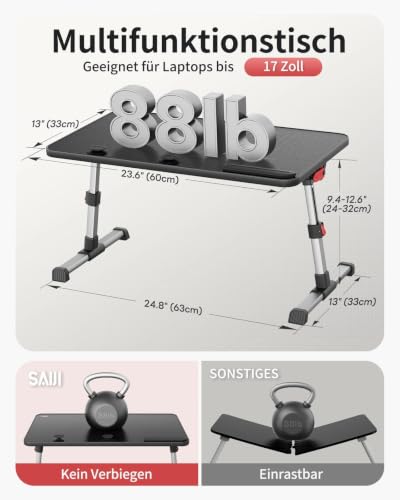 Image of SAIJI Laptop Table on Bed, Aluminium Alloy Laptop Desk 60cmx33cm, Adjustable & Foldable Laptop Table for Sofa /Floor, Height & Angle Adjustable, Non-Slip Wrist Rest & Retractable Stoppers - Black