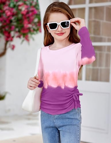 Image of Arshiner Girls Long Sleeve Shirts Ruched Knot Side Tunic Blouse Tee Tops