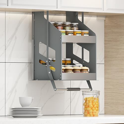 Adjustable 2-Tier Pull Down Cabinet Shelf Organizer - Heavy Duty Spice Rack for Kitchen Cabinets, Wall Mounted Storage Rack, 11.8x11x22.8in, Maximizes Space & Accessibility
