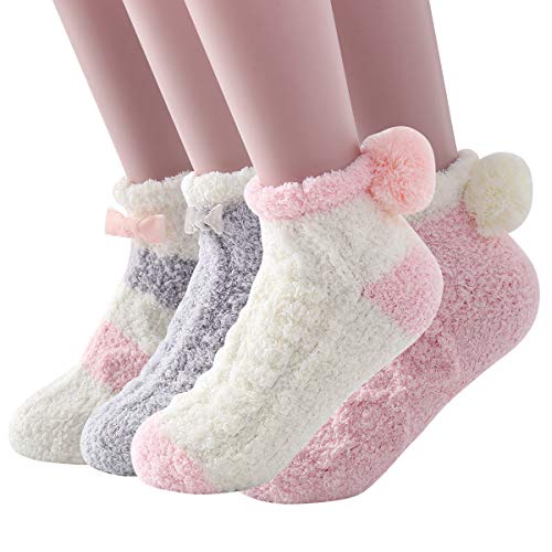SKOLA Super Soft Cozy Winter Warm Slipper Socks Womens Anti Slip Grip Fuzzy Pom Pom Socks 4 Pairs(Pink series)