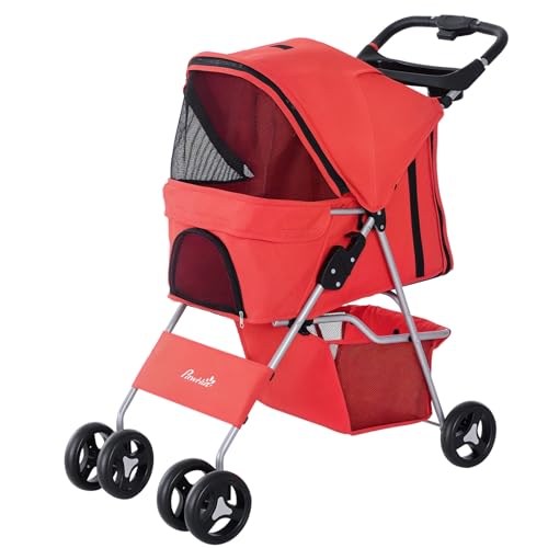 PawHut Passeggino per Cani Piccoli Pieghevole, Carrozzina per Cani con Ruote con Freni, Portabicchieri, Cestino Portaoggetti, 3 Finestre e Ruote Anteriori a 360°, per Animali Domestici 10 kg, Rosso