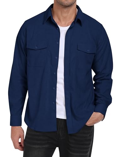 MoFiz Camicia da Uomo in Velluto a Coste Maniche Lunghe Camicia Giacca Casual Button-Down Calda Morbida Camicia Autunno Inverno con Tasche Blu Scuro EU M