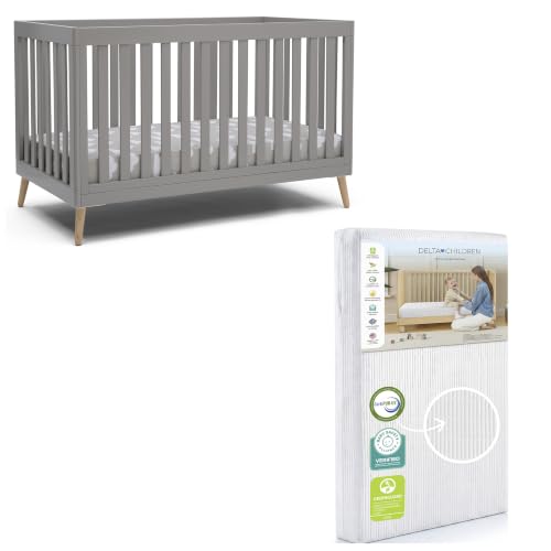 Image of Delta Children Essex 4-in-1 Baby Crib & Mattress, Grey /Natural | 2-Piece Nursery Furniture Set Includes 4-in-1 Convertible Crib + Waterproof Crib Mattress, GREENGUARD Gold Certified